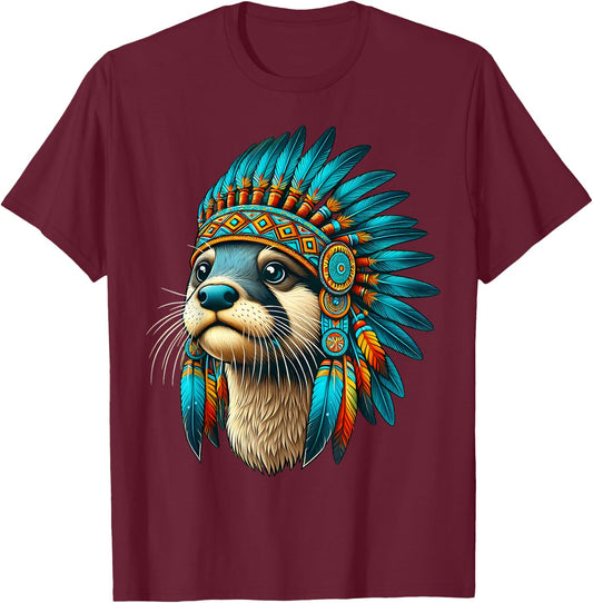 Native Indian Otter Native American Indian Feathers T-Shirt - T-Shirt | Maroon