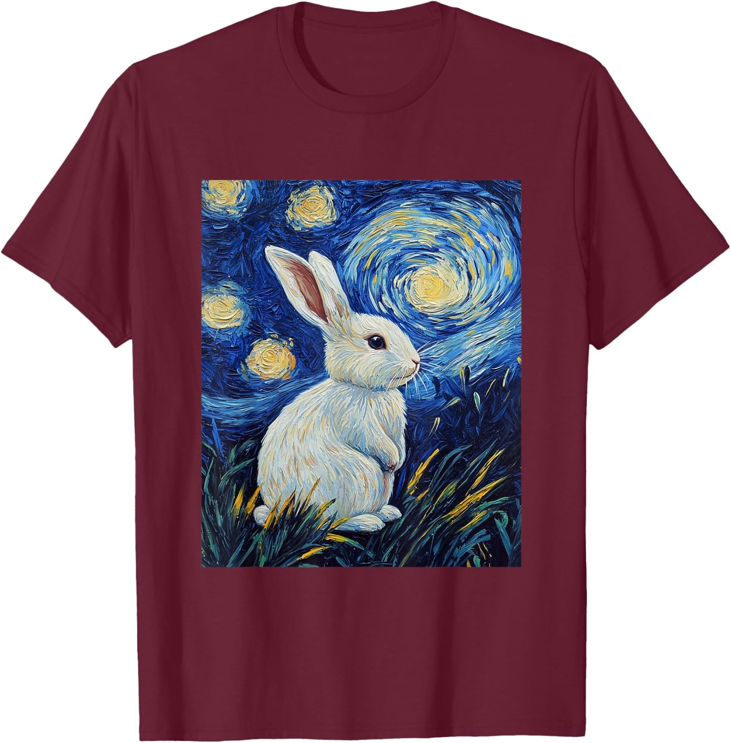 Bunny Rabbit Van Gogh Style Starry Night Cute Graphic T-Shirt - T-Shirt | Maroon