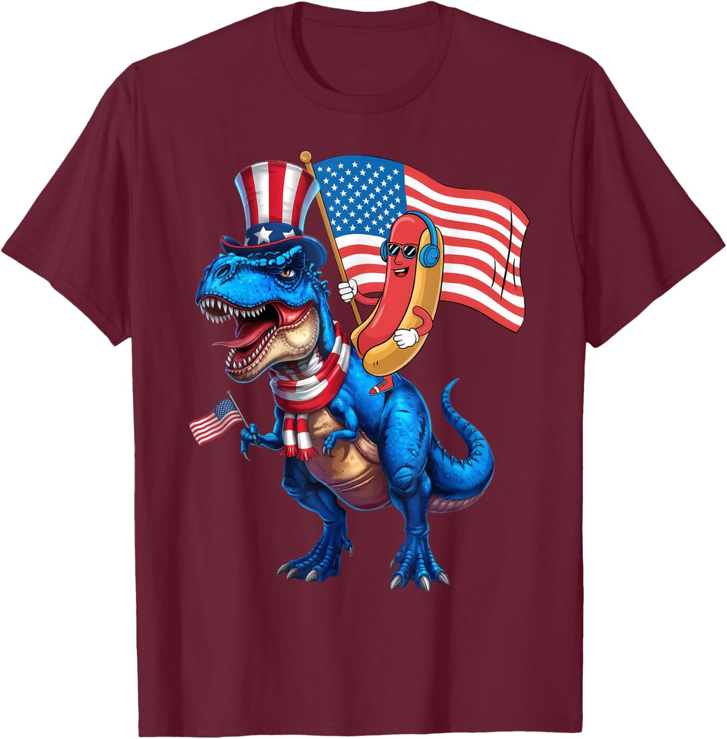 Hotdog Riding Dinosaur TRex 4th of July USA Flag T-Shirt - T-Shirt | Maroon