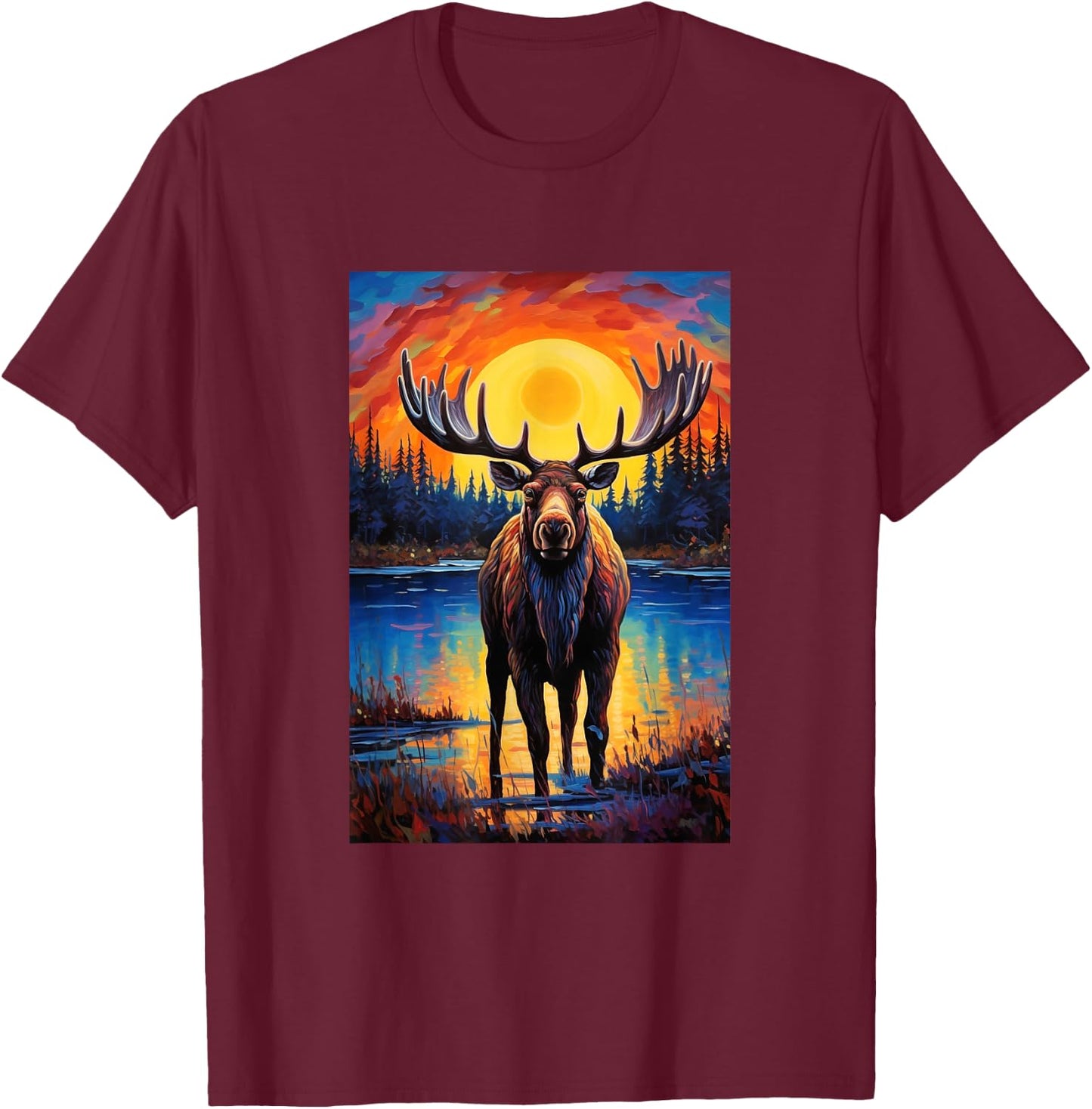 Moose Van Gogh Style Starry Night Graphic T-Shirt - T-Shirt | Maroon