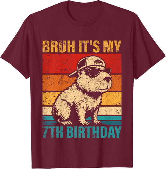 Kids 7 Year Old Birthday Boy Capybara Bruh It's My 7th Birthday T-Shirt - T-Shirt | Maroon