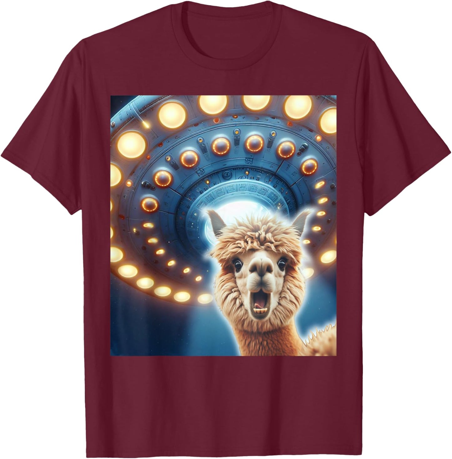 Funny Alpaca Selfie UFOs Alien Flying Saucers Abduction T-Shirt - T-Shirt | Maroon