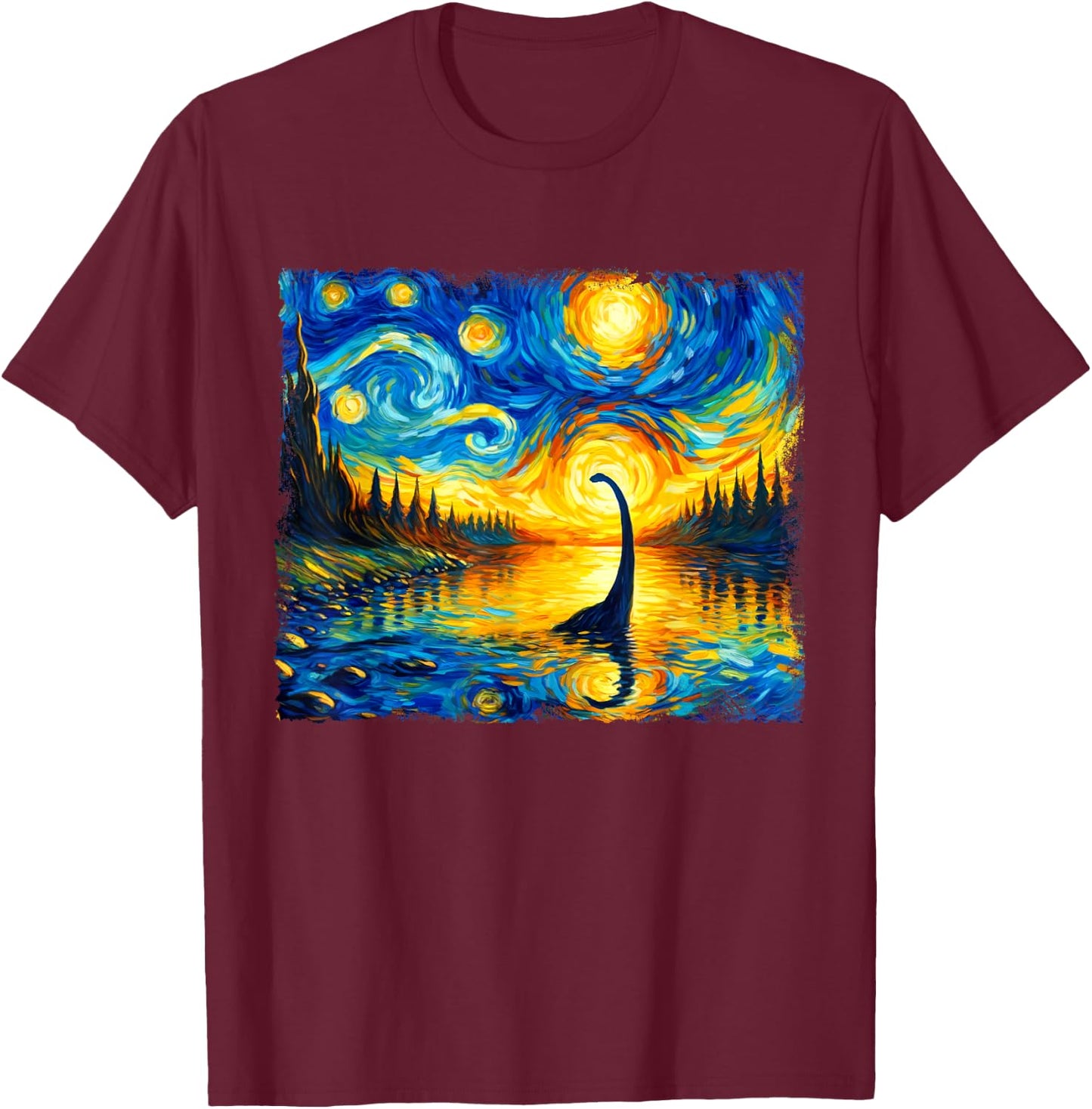 Vintage Arts Loch Ness Monster Outfits Starry Night Humor T-Shirt - T-Shirt | Maroon