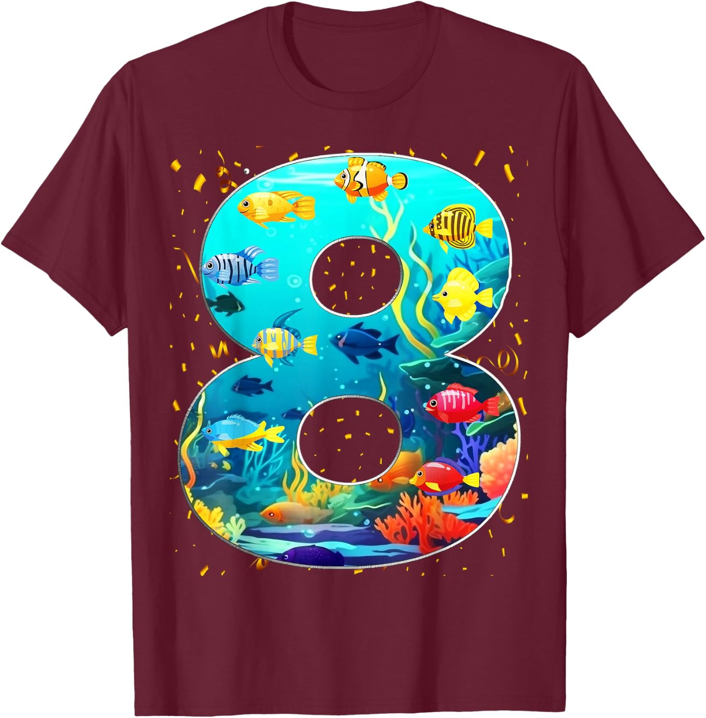 8th Birthday Party 8 Year Old Sea Fish Aquarium Birthday Boy T-Shirt - T-Shirt | Maroon