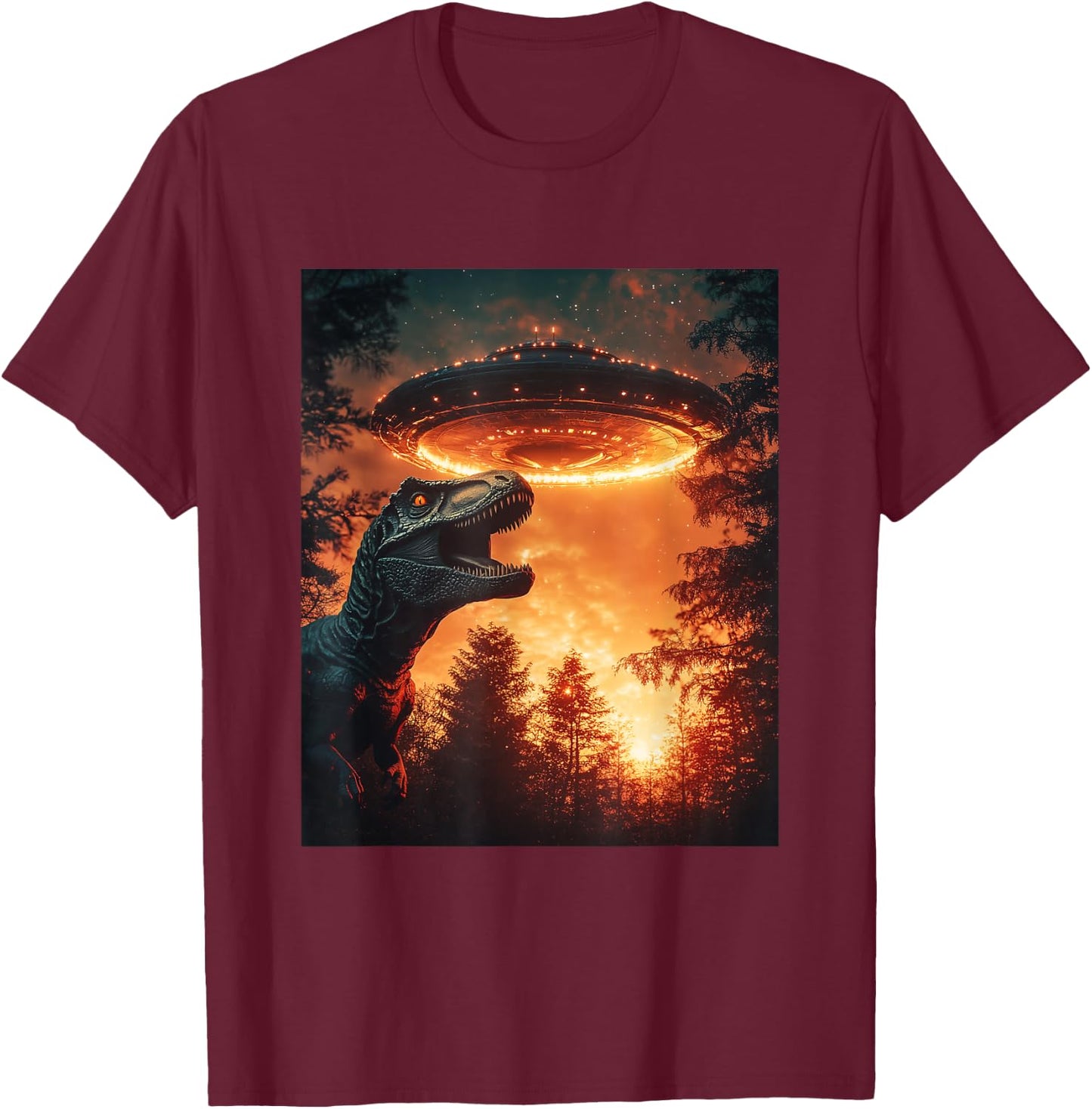 Trex Dinosaur Dino Selfie with UFOs Aliens Funny Graphic T-Shirt - T-Shirt | Maroon