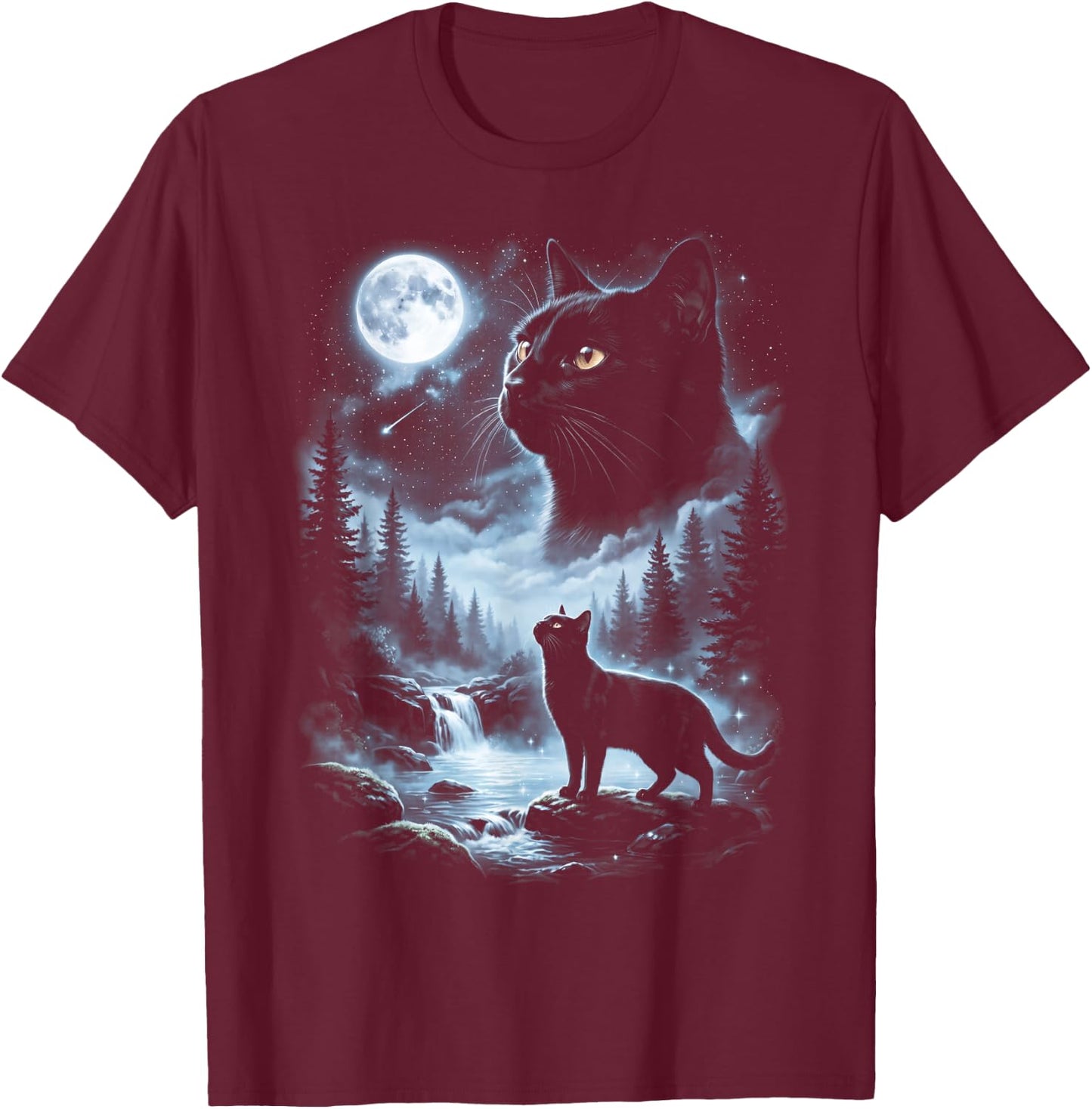Black Cat Howling at Moon 90's Retro T-Shirt - T-Shirt | Maroon