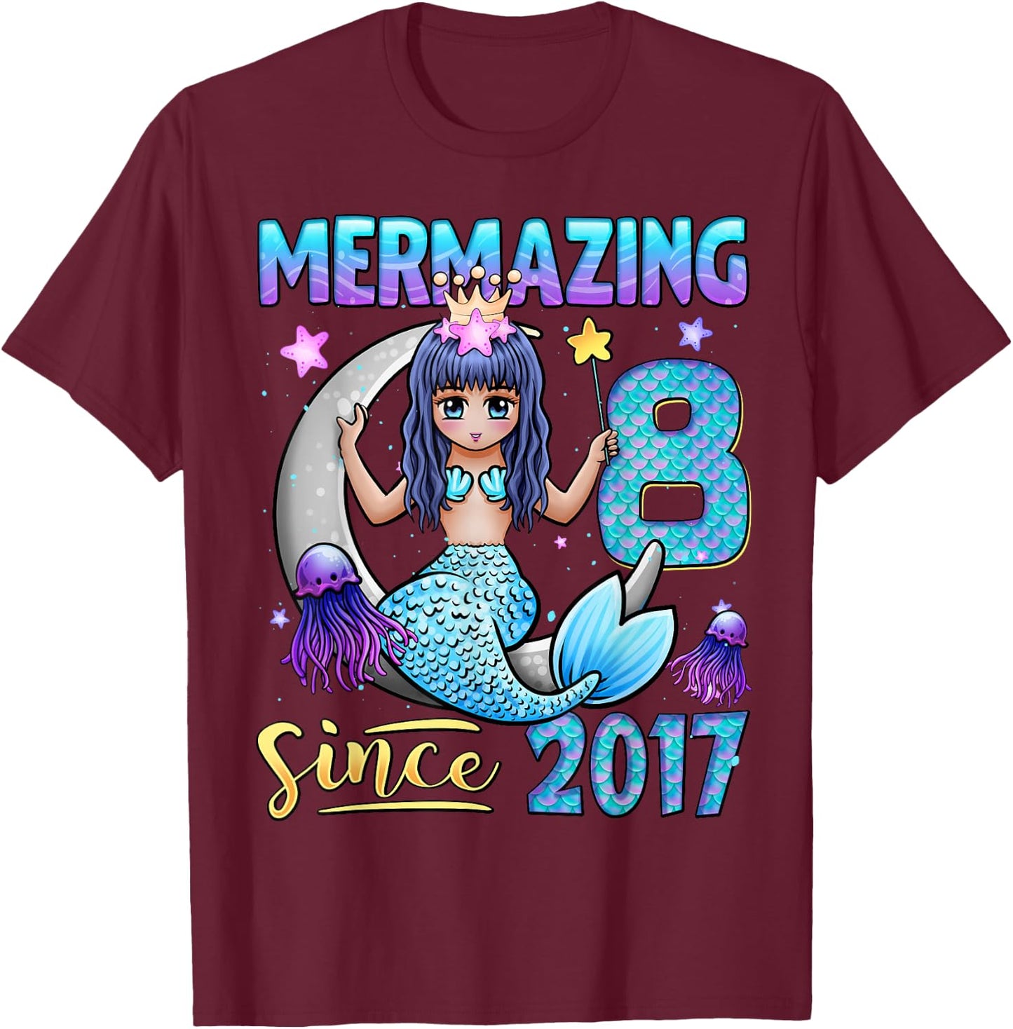Mermaid Birthday Shirt 8 Years Old Mermaid 8th Birthday Girl T-Shirt - T-Shirt | Maroon