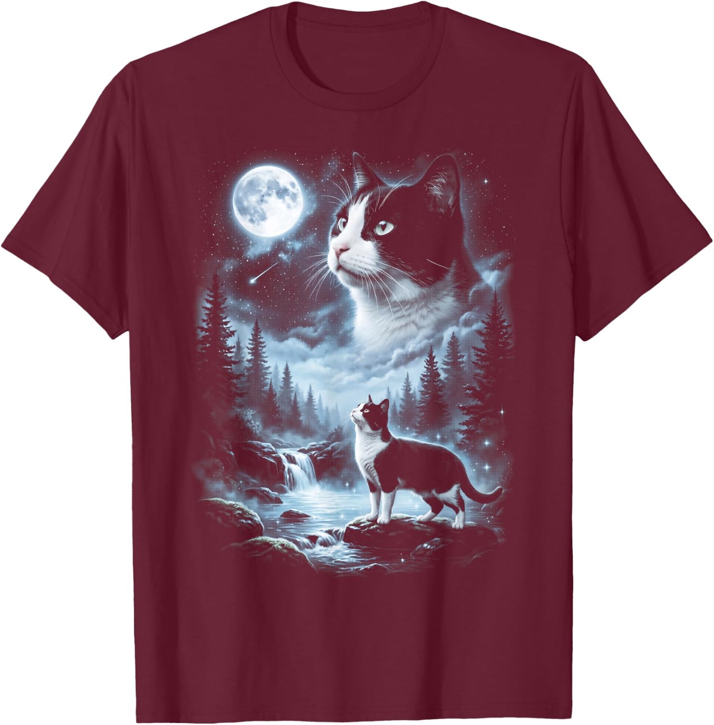 Tuxedo Cat Howling at Moon 90's Retro T-Shirt - T-Shirt | Maroon