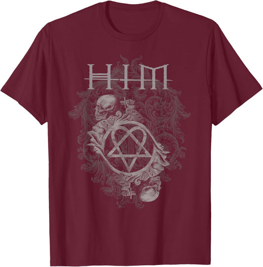 Ville Valo HIM Dual Skull On Red , red T-Shirt - T-Shirt | Maroon