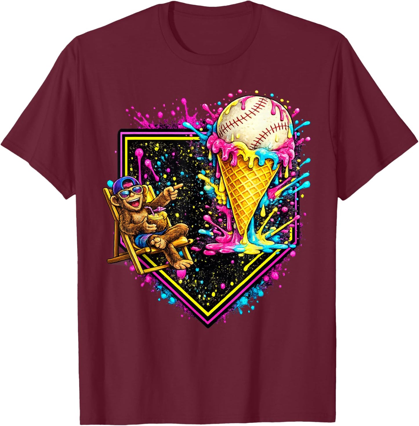 Monkey Funny Animals Baseball Ice Cream Drip Cool T-Shirt - T-Shirt | Maroon