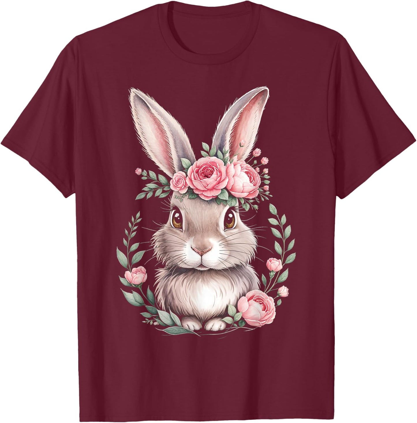 Bunny with Pink Rose Crown Watercolor Art T-Shirt - T-Shirt | Maroon