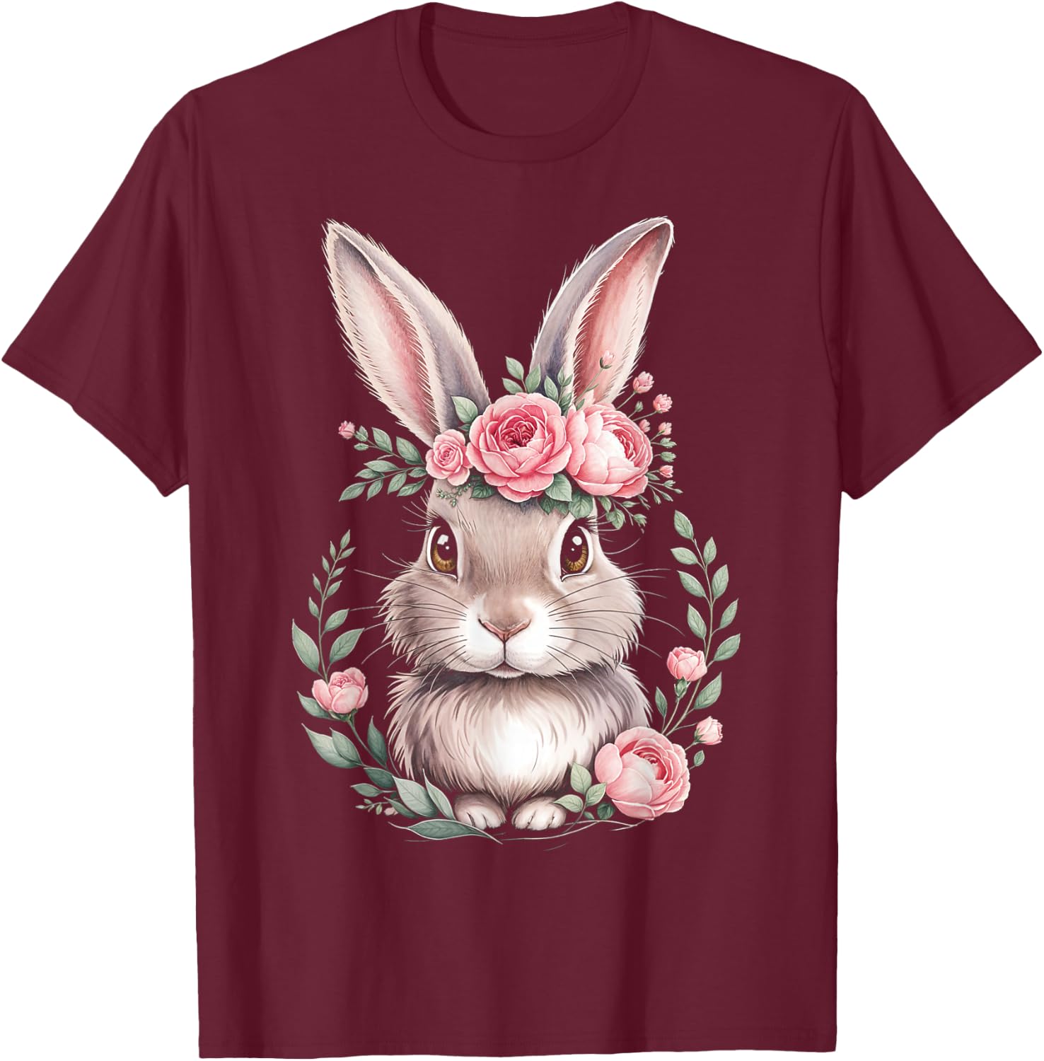 Bunny with Pink Rose Crown Watercolor Art T-Shirt - T-Shirt | Maroon