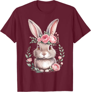 Bunny with Pink Rose Crown Watercolor Art T-Shirt - T-Shirt | Maroon