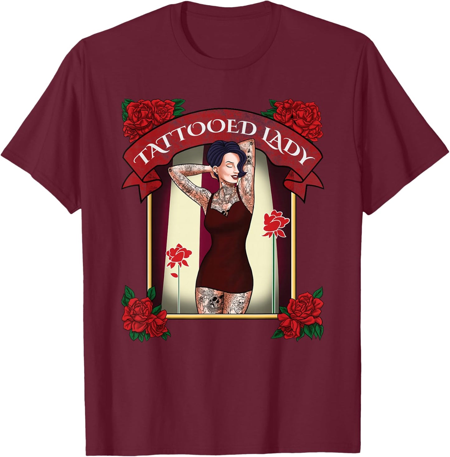 Tattooed Lady Carnival Shirt - Circus Shirt - Tattooed Mom T-Shirt - T-Shirt | Maroon
