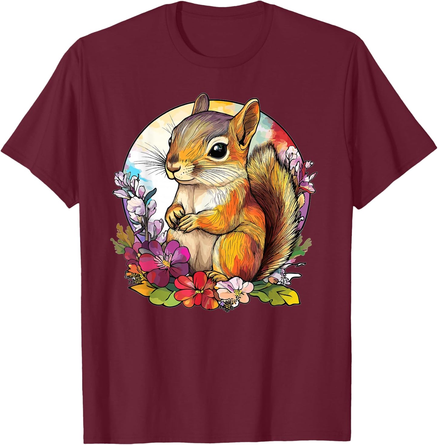 Cute Chipmunk With Flowers I Chipmunk T-Shirt - T-Shirt | Maroon