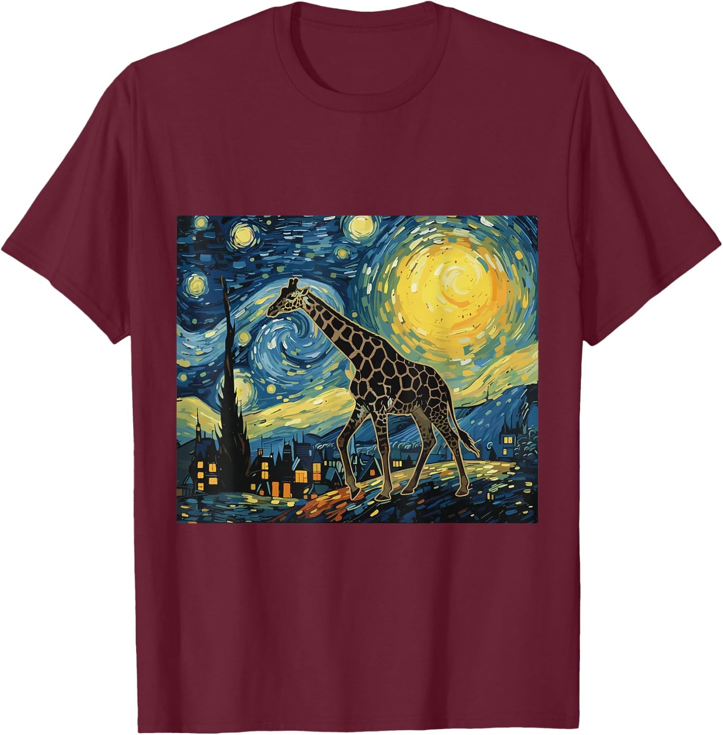 Giraffe Starry Night Van Gogh Art Lover Men Women T-Shirt - T-Shirt | Maroon