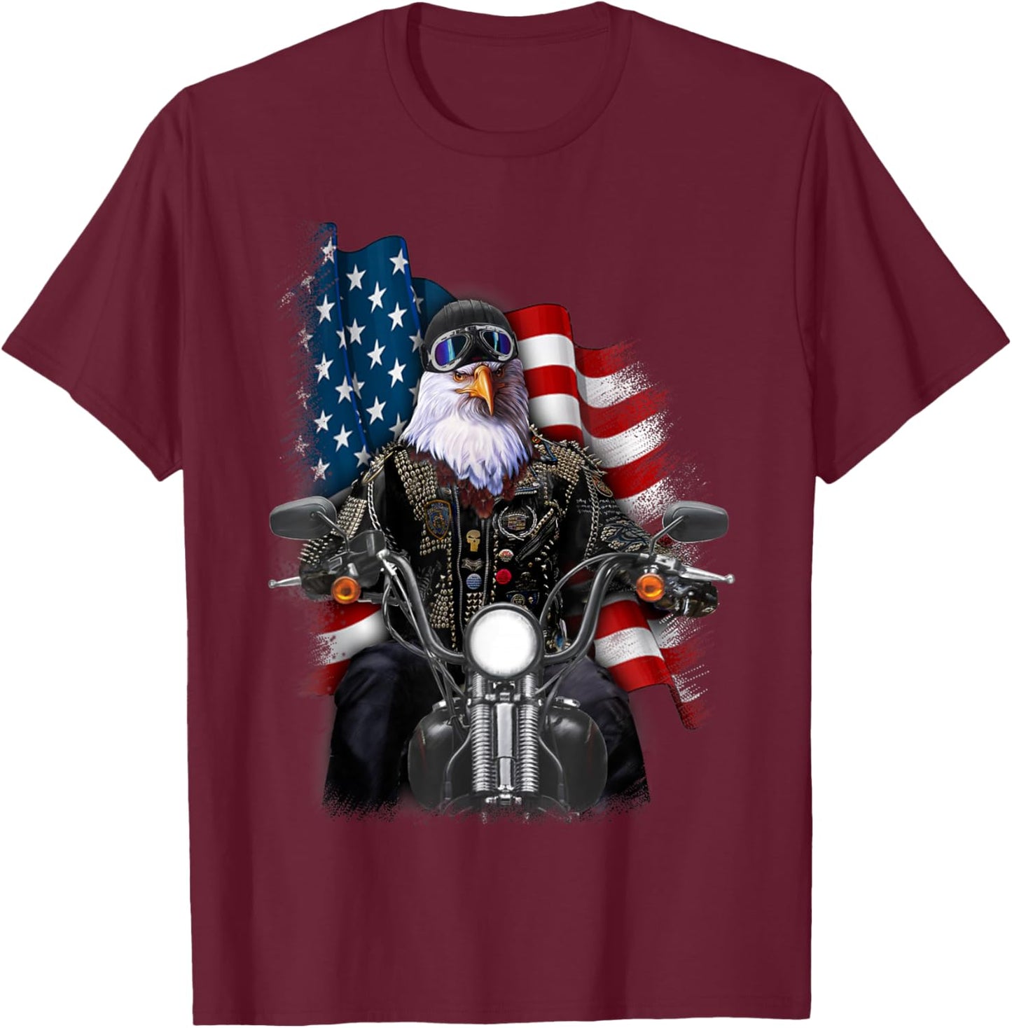 America Bald Eagle as Biker Riding Motorcycle T-Shirt - T-Shirt | Maroon