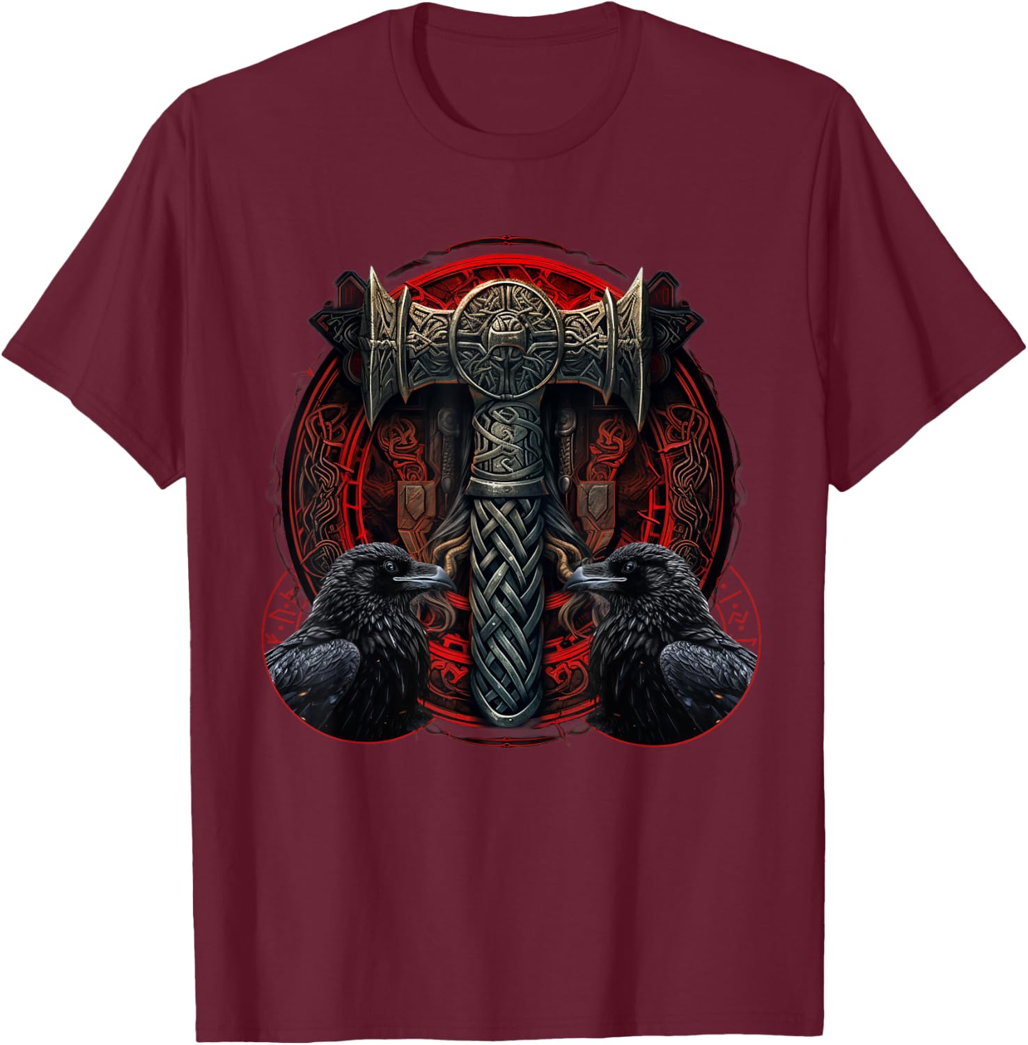 Thor's Mjolnir Viking Norse Mythology Germanic Odin Ravens T-Shirt - T-Shirt | Maroon