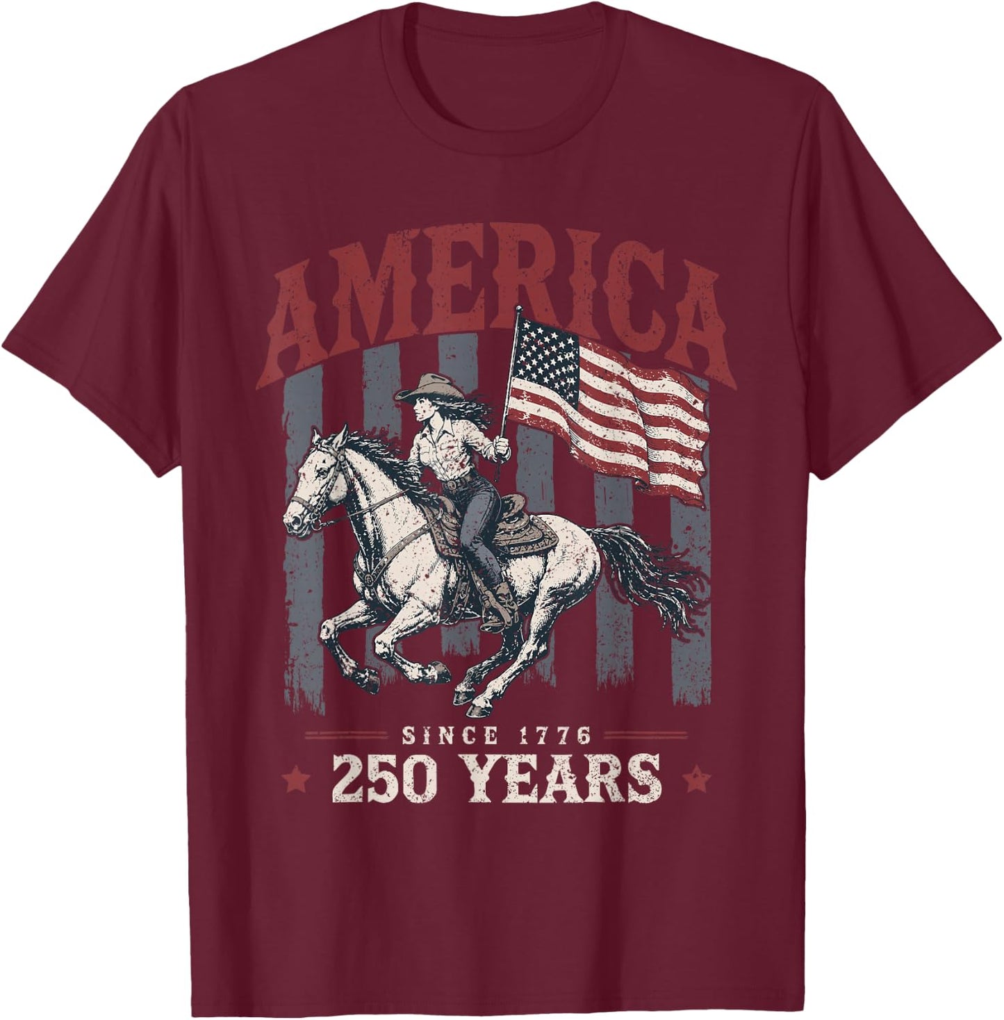 America 250 Years Cowgirl Riding Horse US Flag 1776 T-Shirt - T-Shirt | Maroon