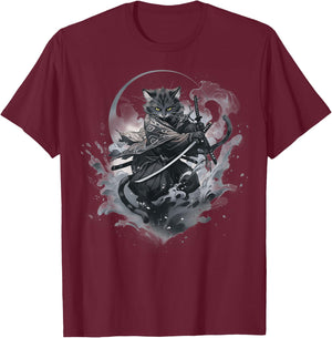 Samurai cat Anime Japanese Ninja Warrior Aesthetic Cute V05 T-Shirt - T-Shirt | Maroon