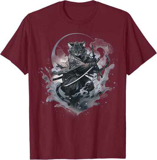 Samurai cat Anime Japanese Ninja Warrior Aesthetic Cute V05 T-Shirt - T-Shirt | Maroon