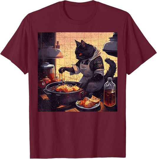 Black Cat Cooking Fried Chicken Men Women Girls Kids T-Shirt - T-Shirt | Maroon