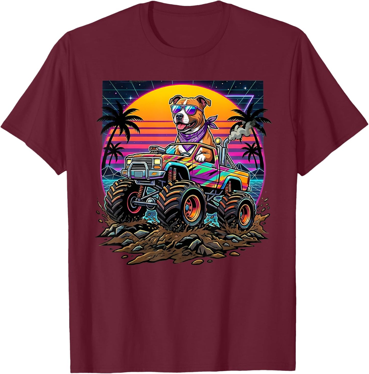 Cool Retro Monster Truck Birthday Dog Kids T-Shirt - T-Shirt | Maroon