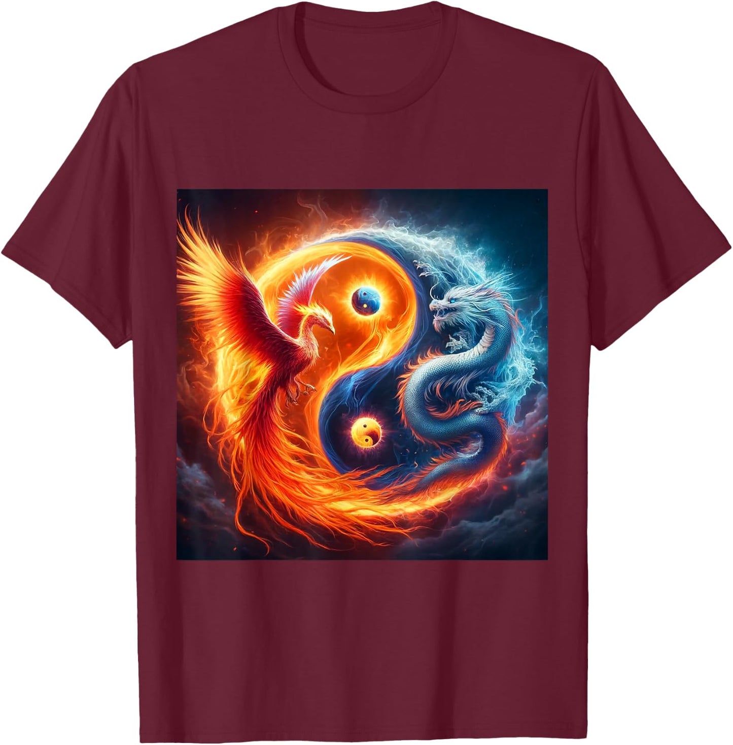 Yin And Yang Phoenix And Japanese Dragon T-Shirt - T-Shirt | Maroon