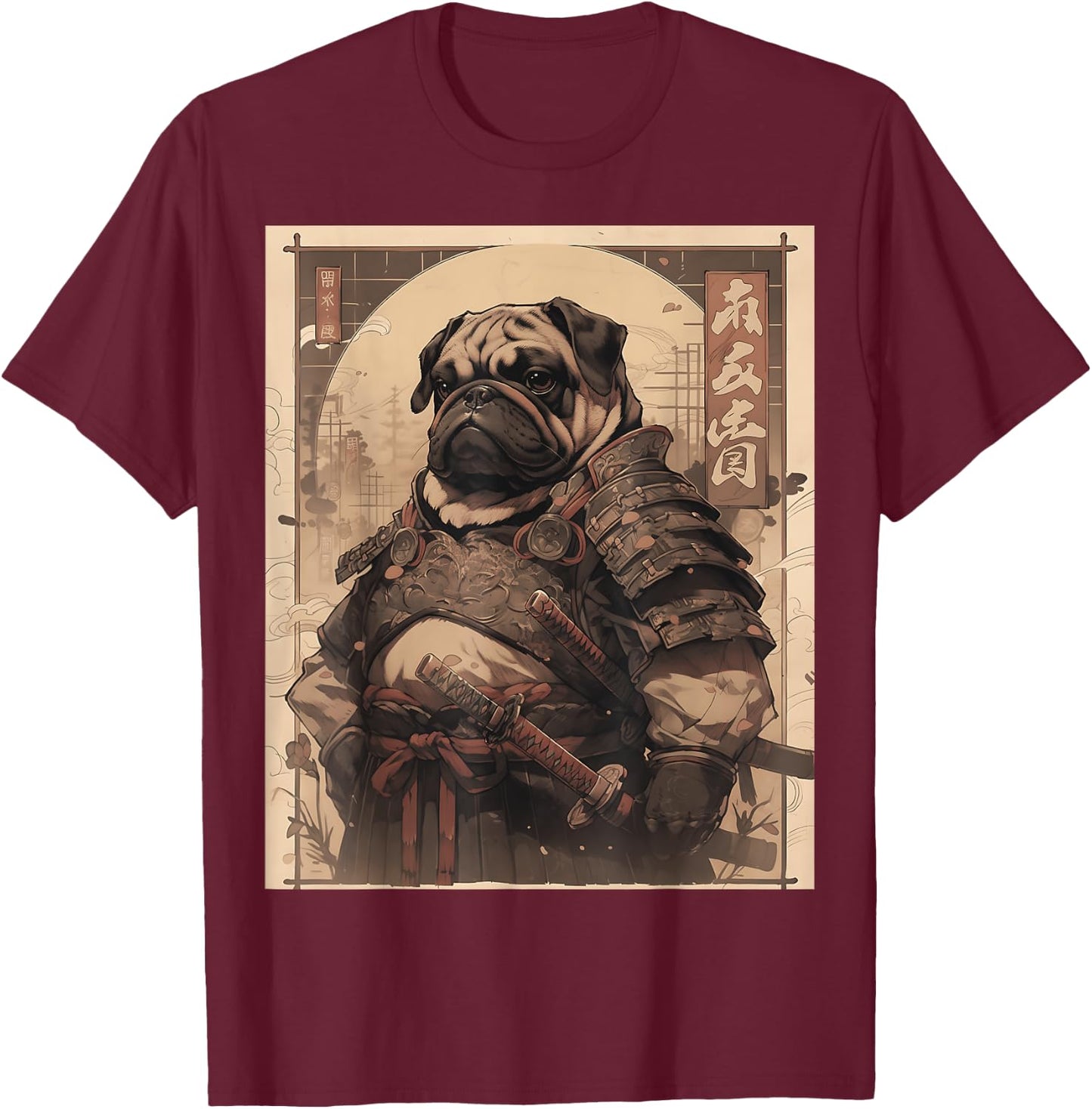 Pug Dog Samurai Full Gear Warriors Japanese Gothic Style T-Shirt - T-Shirt | Maroon