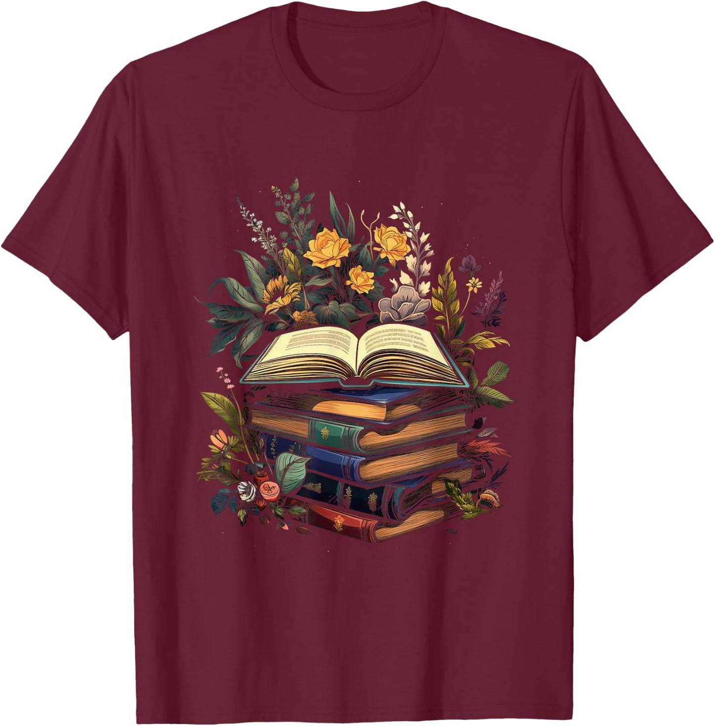 Minimalist Book with Flowers Nature Books Reading , black T-Shirt - T-Shirt | Maroon