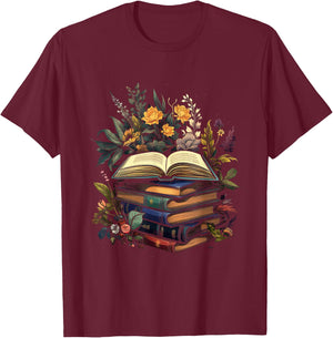 Minimalist Book with Flowers Nature Books Reading , black T-Shirt - T-Shirt | Maroon