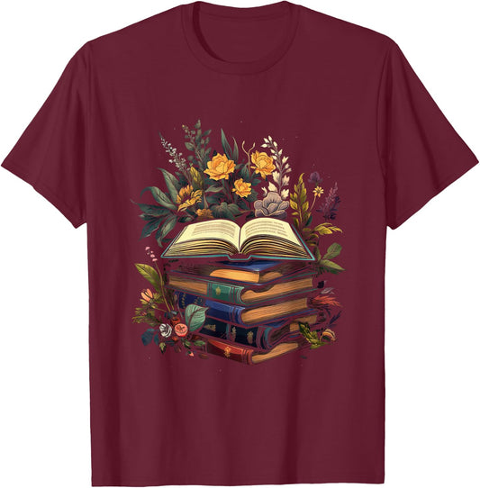 Minimalist Book with Flowers Nature Books Reading , black T-Shirt - T-Shirt | Maroon