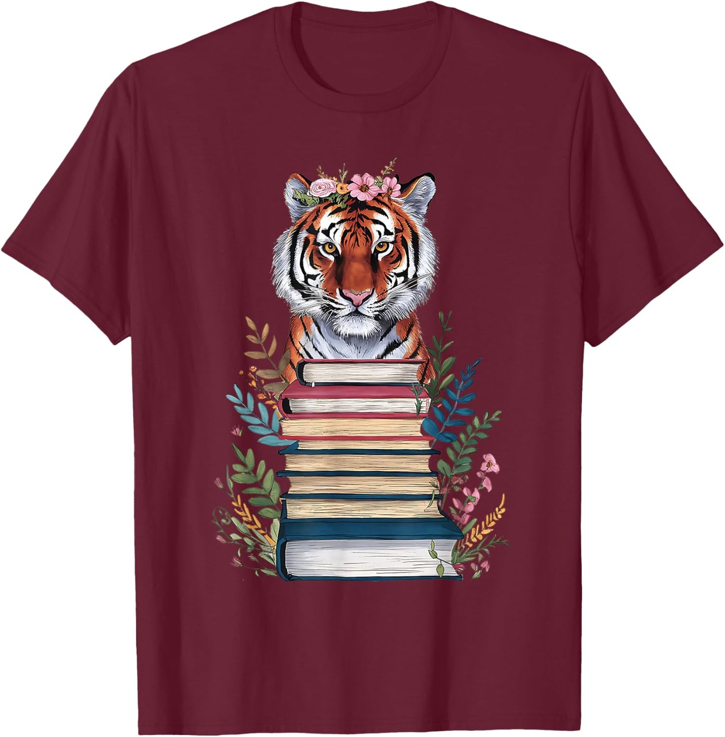 Cute Tiger With Book Floral Bookworm Librarian Book Lover T-Shirt - T-Shirt | Maroon