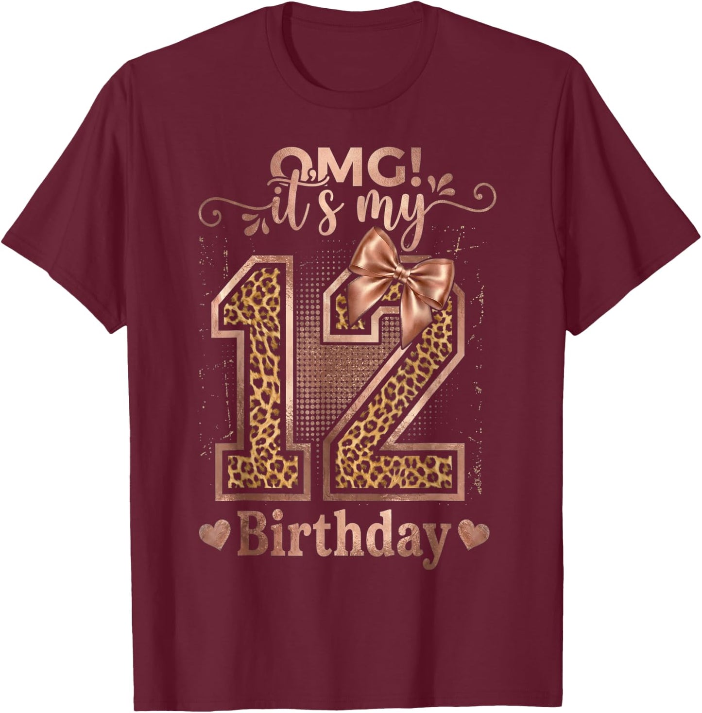 It's My 12th Birthday Girl Coquette Bow 12 Year Old Leopard T-Shirt - T-Shirt | Maroon