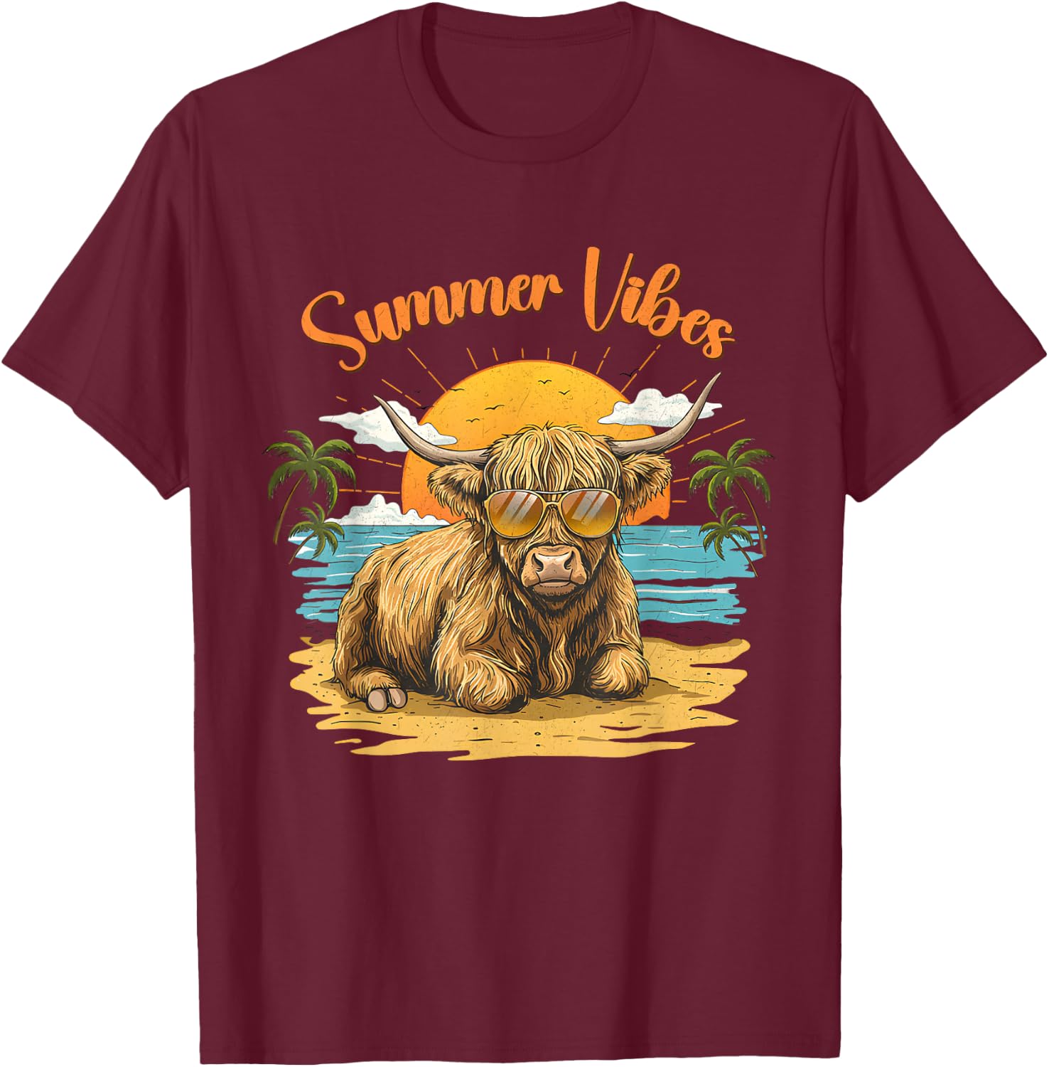 Funny Highland Cow Summer Vibes Beach Sunglasses T-Shirt - T-Shirt | Maroon