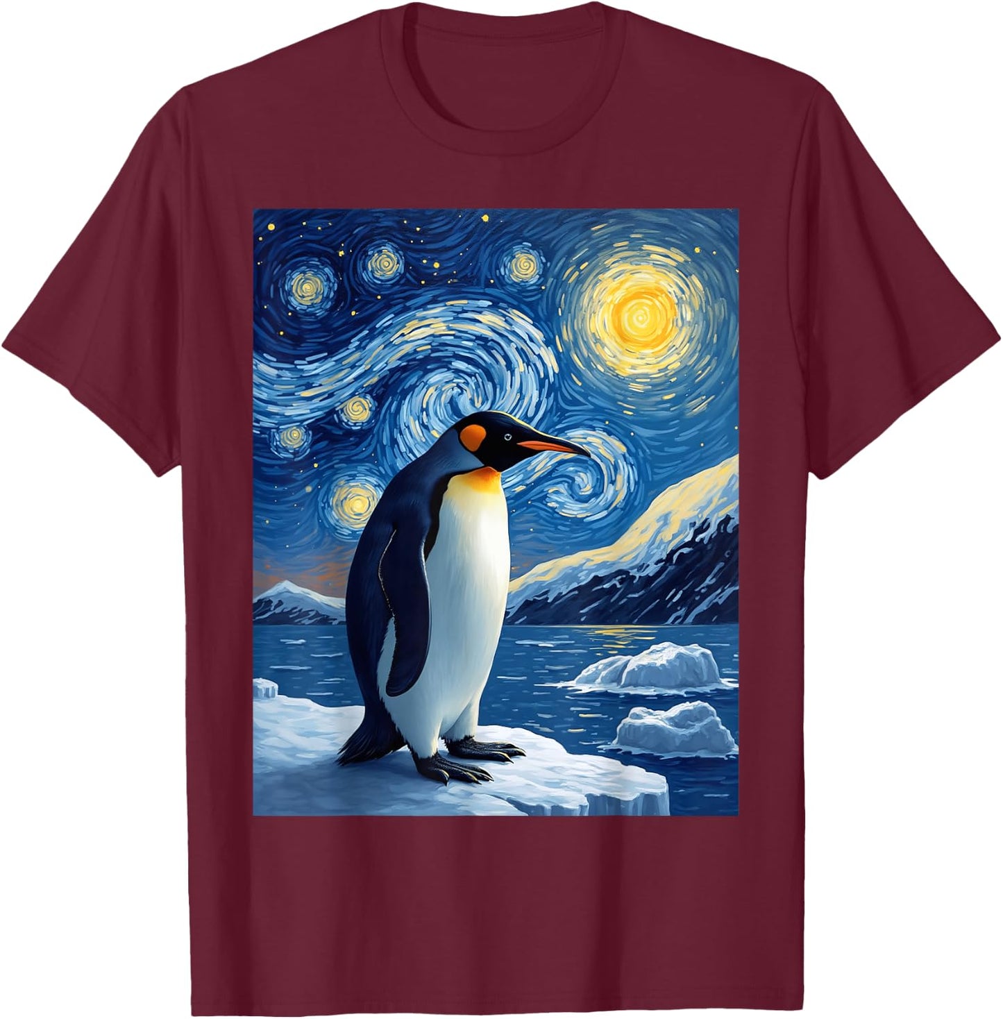 Van Gogh's Starry Night Penguin Tuxedo Bird Animal Lovers T-Shirt - T-Shirt | Maroon