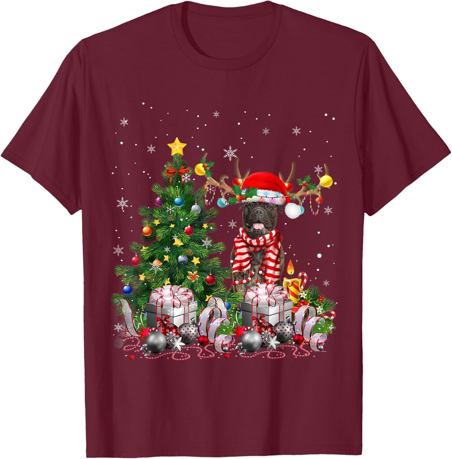 Bull Mastiff Dog Christmas Tree Lights Santa Pajamas Xmas T-Shirt - T-Shirt | Maroon