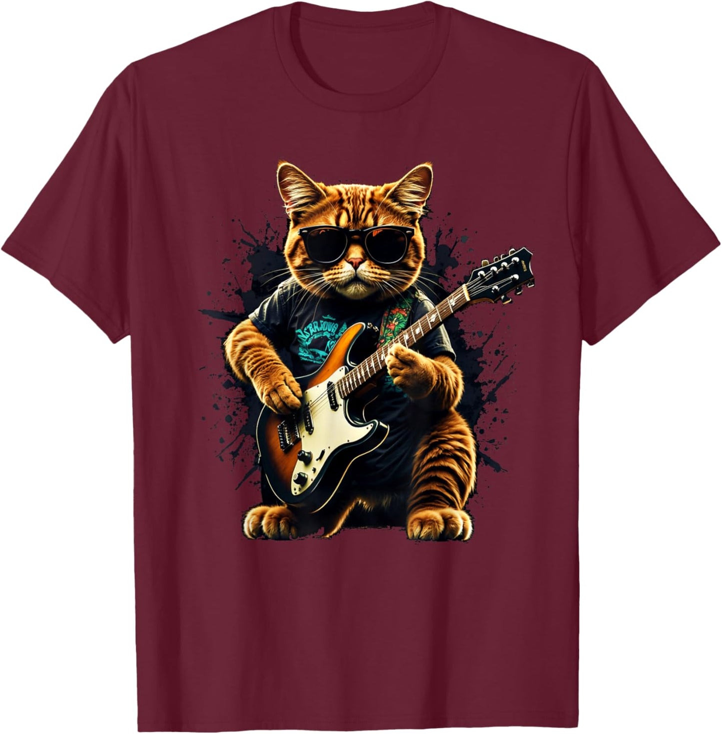 Rock Cat Guitar Women Men Children Funny Cat Motif , black T-Shirt - T-Shirt | Maroon