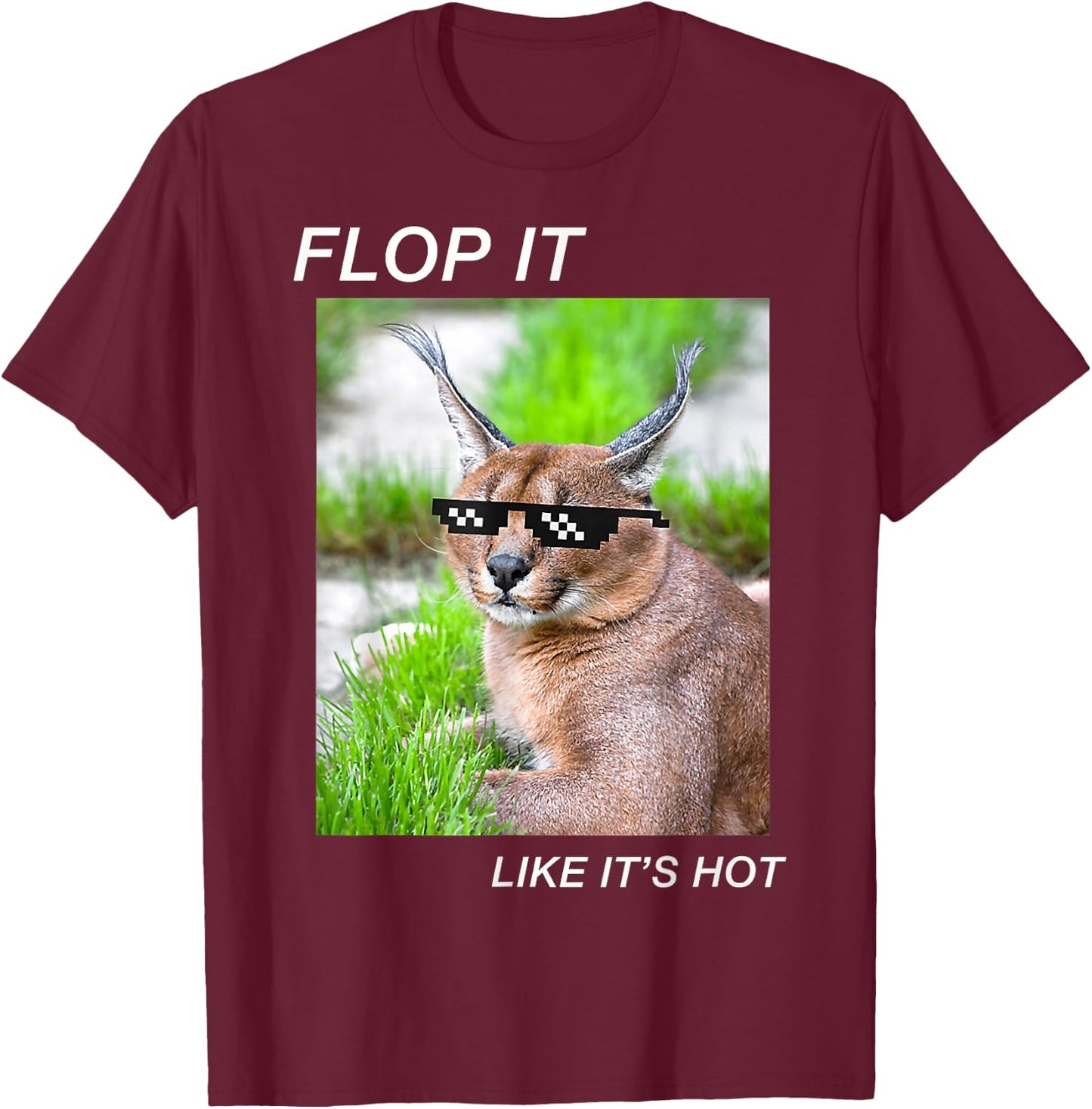 Meme Cat Caracal Big Floppa Joke Ironic Humor Funny Graphic T-Shirt - T-Shirt | Maroon