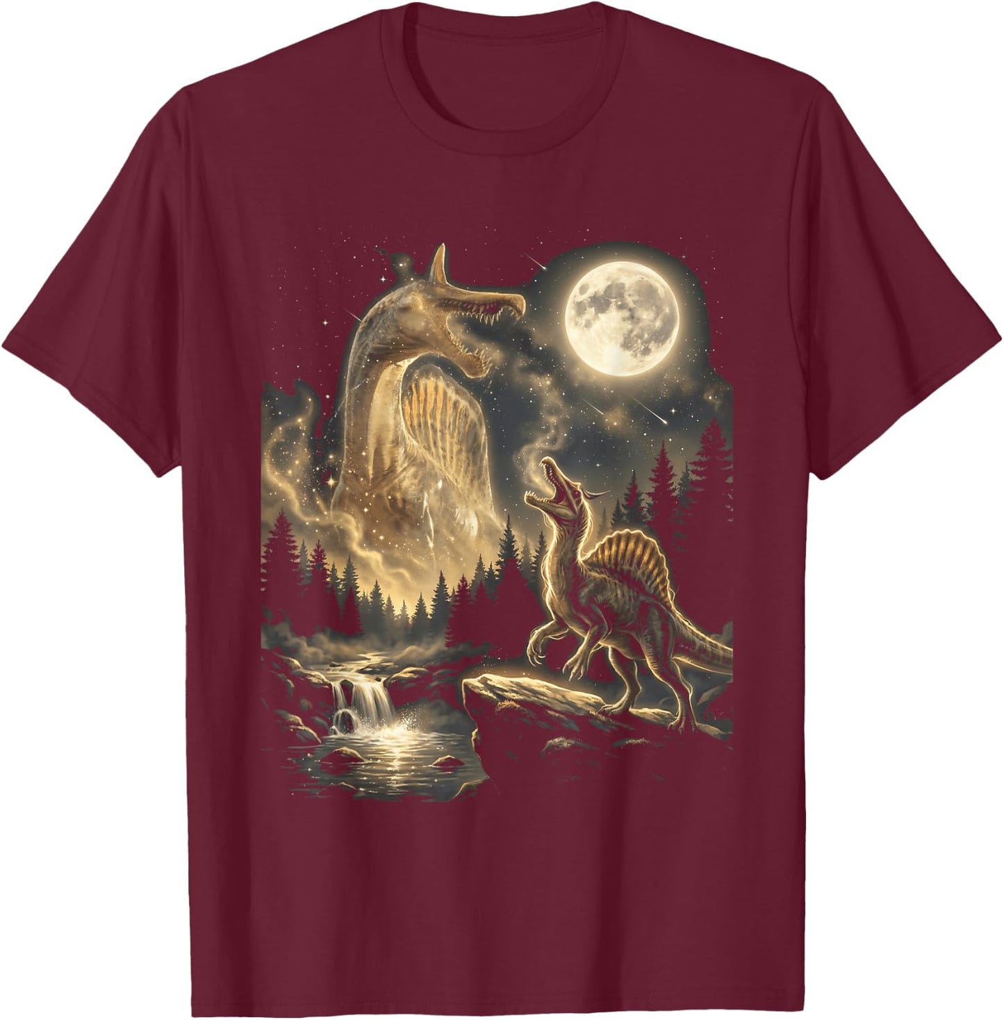 Spinosaurus Mirabilis Dinosaur Full Moon Night Forest T-Shirt - T-Shirt | Maroon