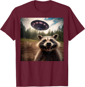 Funny Raccoon UFO Alien Weirdcore Aesthetic Artwork T-Shirt - T-Shirt | Maroon