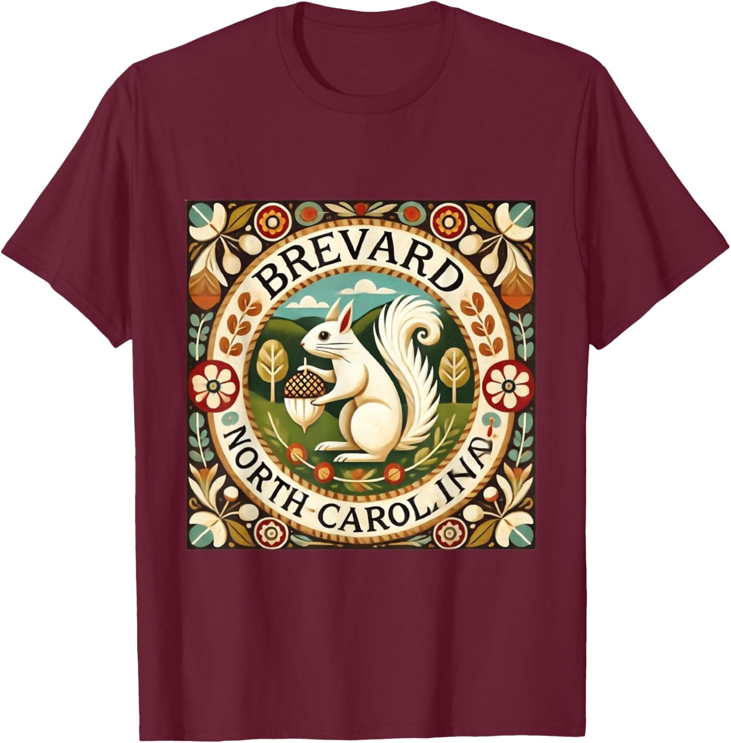 Brevard NC North Carolina White Squirrel Folk Art T-Shirt - T-Shirt | Maroon