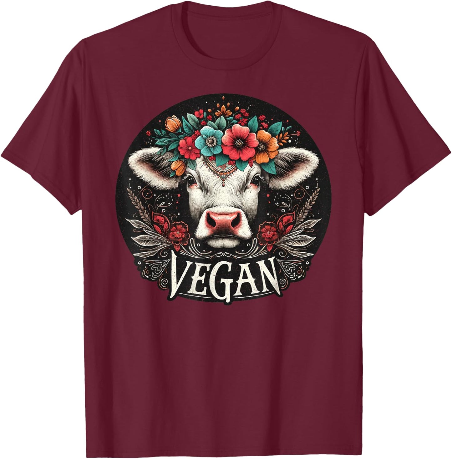 Cow with Flowers Vegan Boho – Vintage Cute T-Shirt - T-Shirt | Maroon