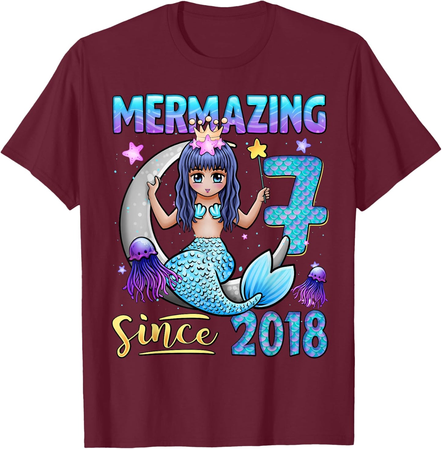 Mermaid Birthday Shirt 7 Years Old Mermaid 7th Birthday Girl T-Shirt - T-Shirt | Maroon