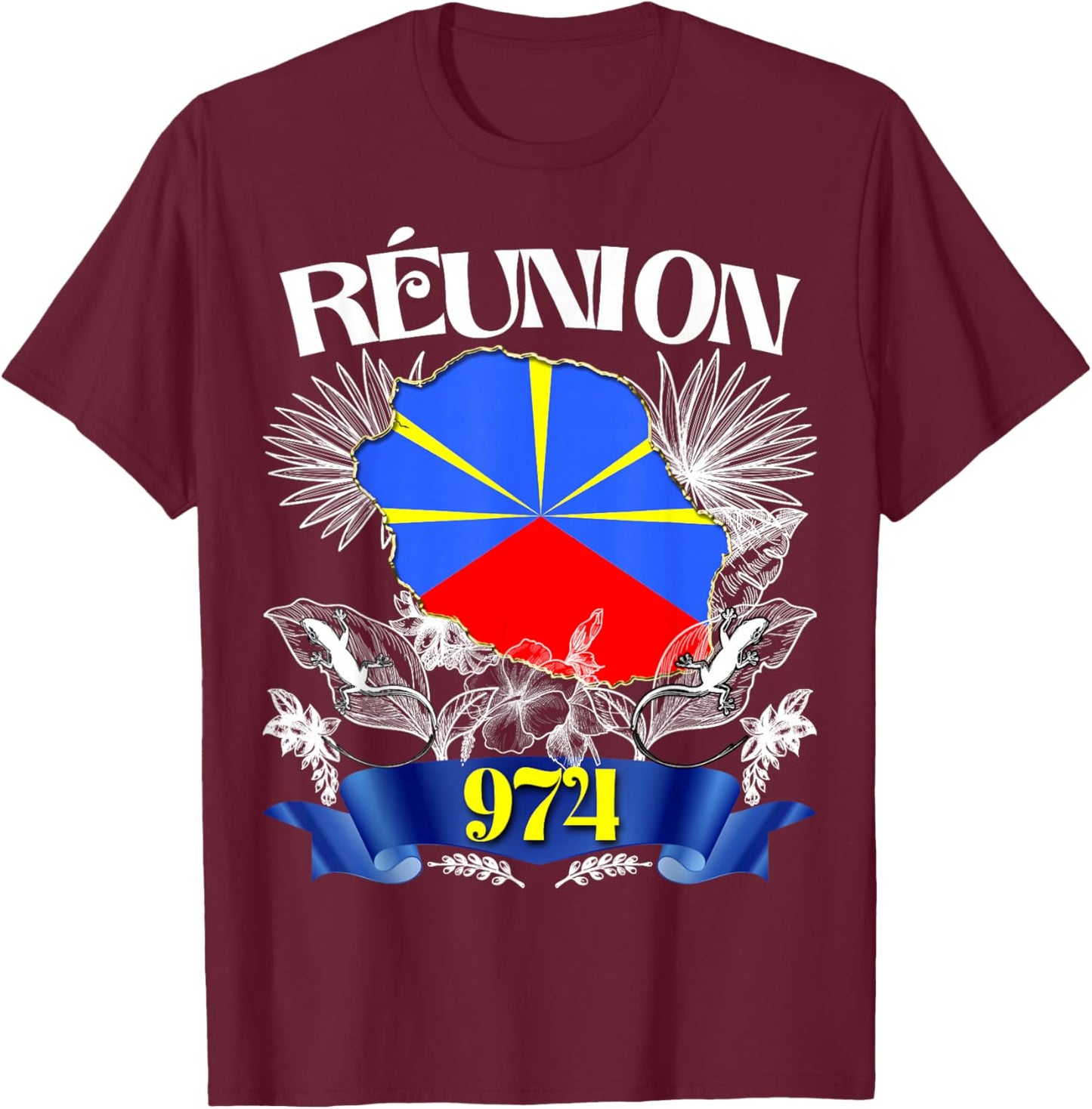 Flag Reunion 974 Le La Margouillat Tropical Flowers T-Shirt - T-Shirt | Maroon