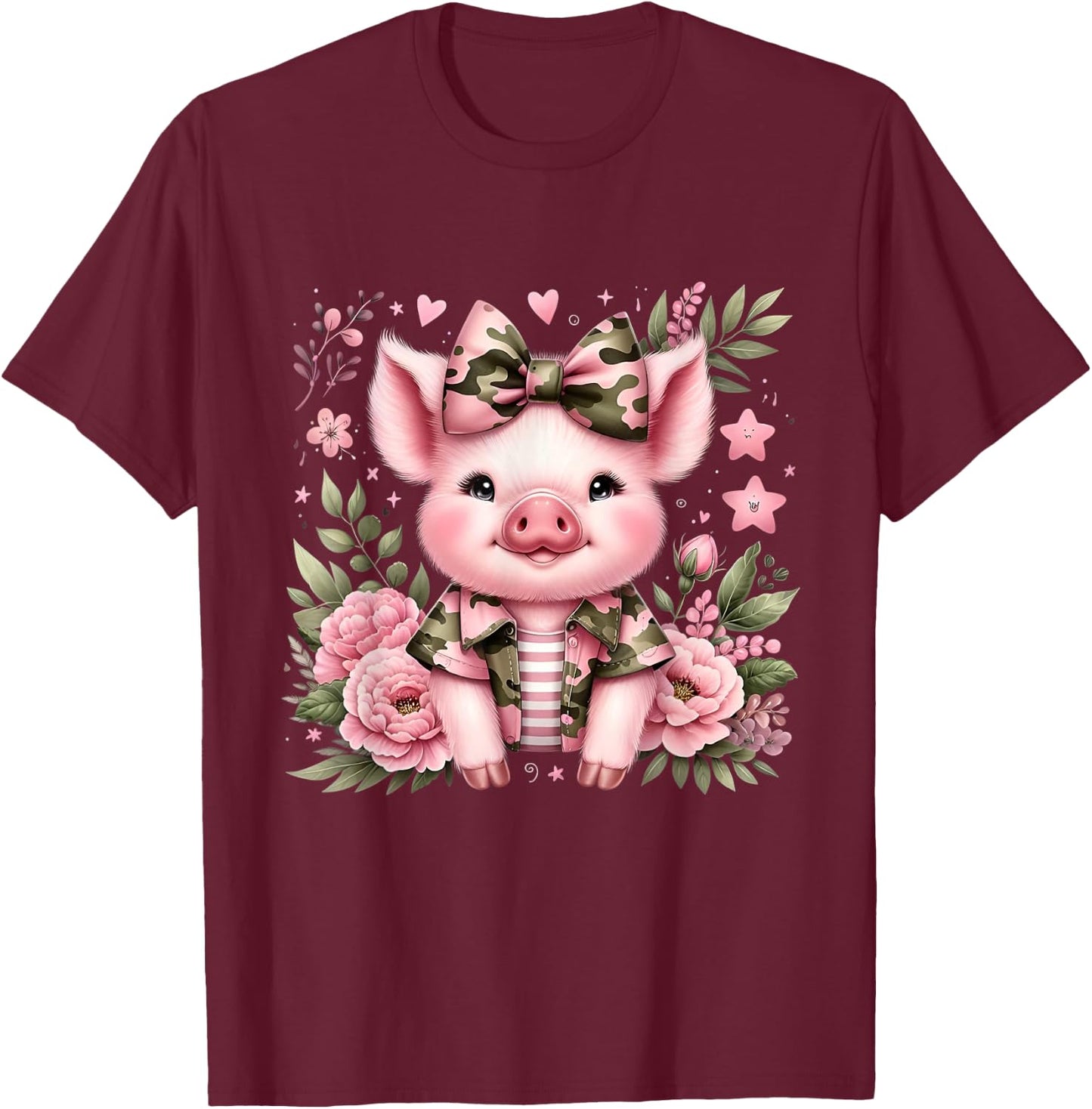 Cute Pig Camouflage Old Camo Bow Camo Coquette Bow Hunting T-Shirt - T-Shirt | Maroon