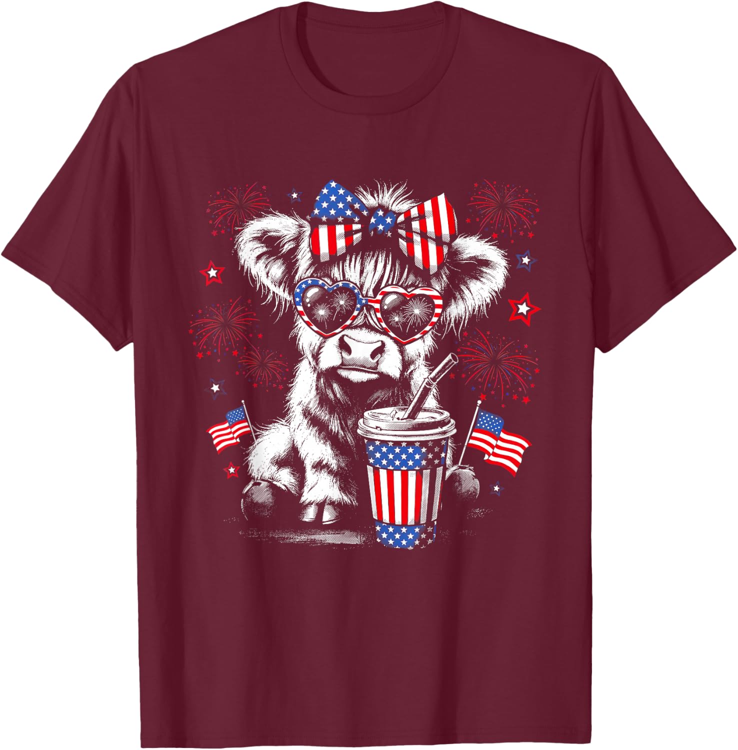 Patriotic Bow Sunglasses Highland Cow Fireworks USA Flag T-Shirt - T-Shirt | Maroon