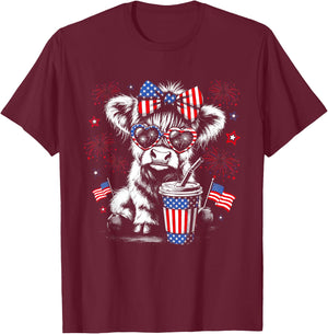 Patriotic Bow Sunglasses Highland Cow Fireworks USA Flag T-Shirt - T-Shirt | Maroon