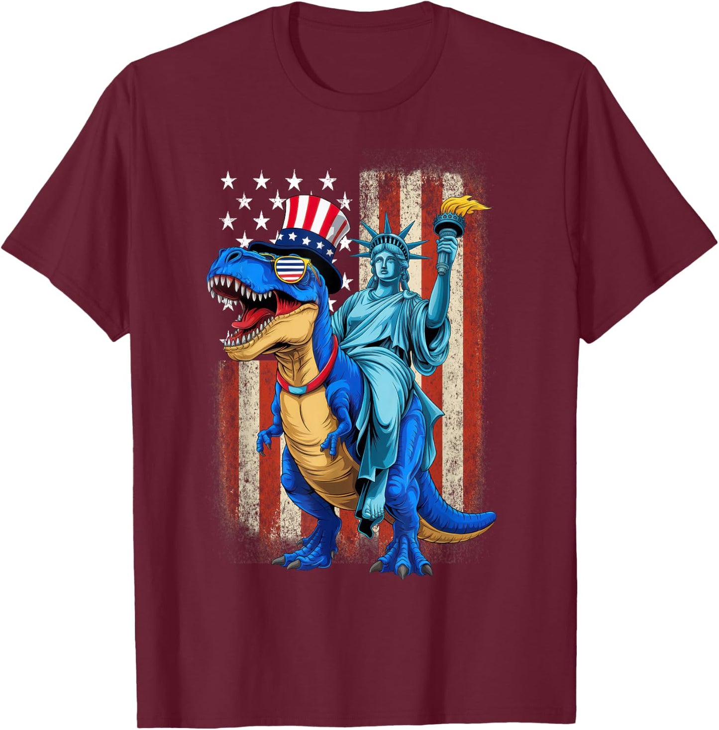 Dino Statue Of Liberty American Flag 4th Of July T-Shirt - T-Shirt | Maroon