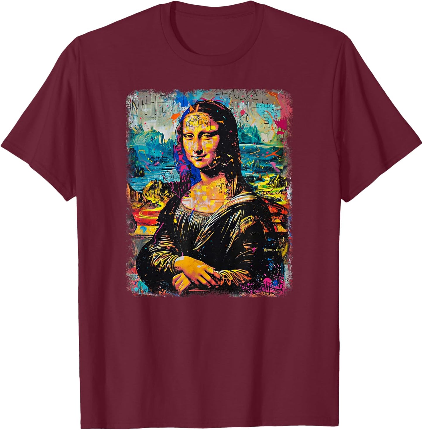 Abstract Graffiti Art Leonardo Da Vinci Art Mona Lisa T-Shirt - T-Shirt | Maroon